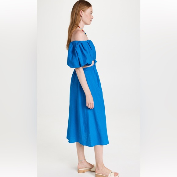 Farm Rio Linen Blend Midi Dress Blue Off-Shoulder Knot Cut-Out Women’s Small - Picture 4 of 16